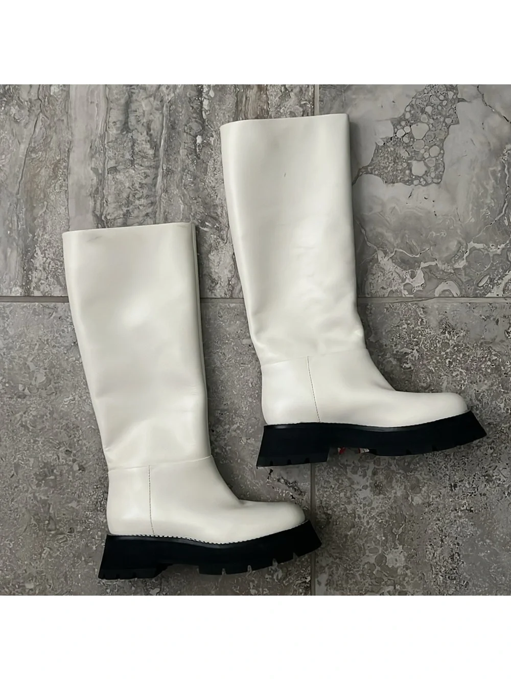 NEW 3.1 Phillip Lim Kate Lug Sole Knee High Boots in Bone/Black, Size 38.5